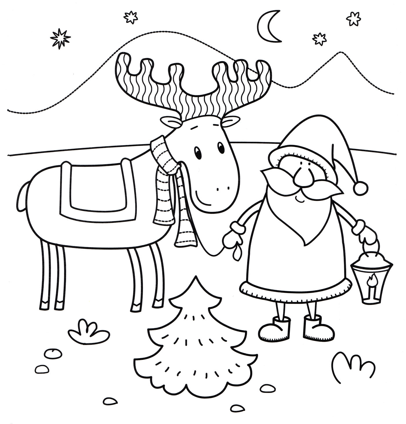 Розмальовка Дід Мороз та його олень