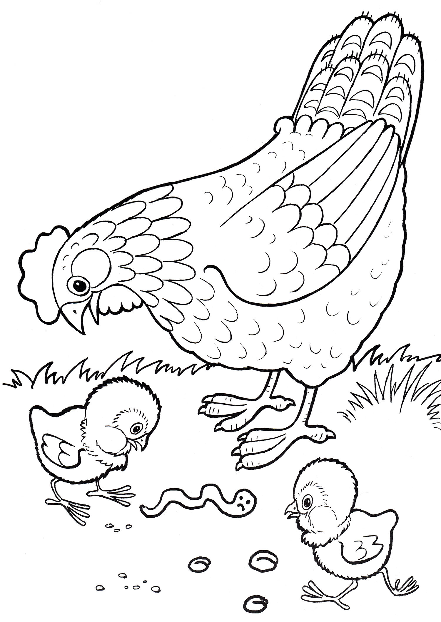 Розмальовка Курка годує курчат