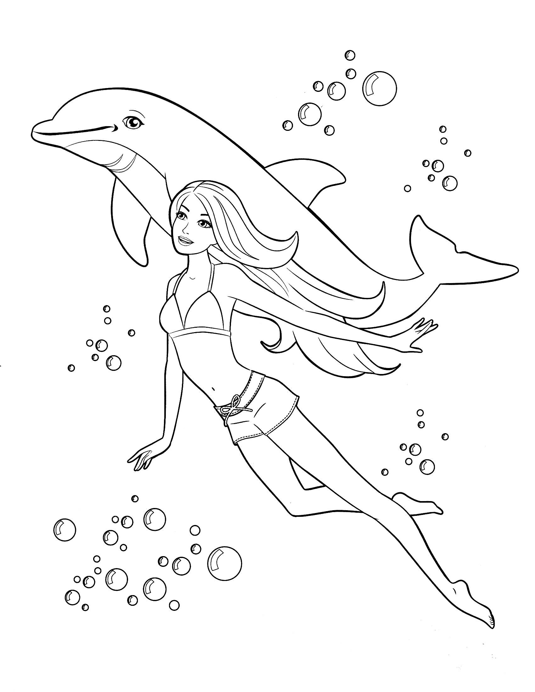 Розмальовка Барбі плаває із дельфіном