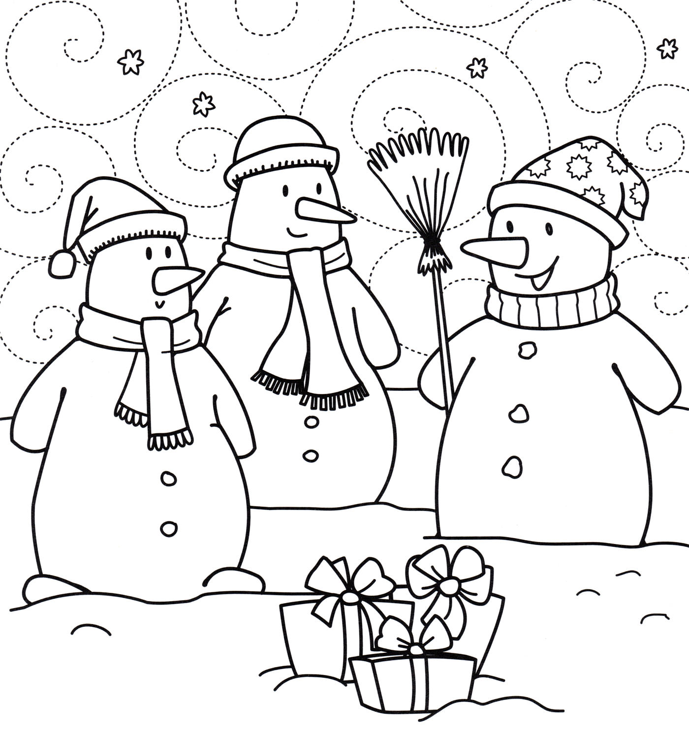 Розмальовка Сніговики з подарунками