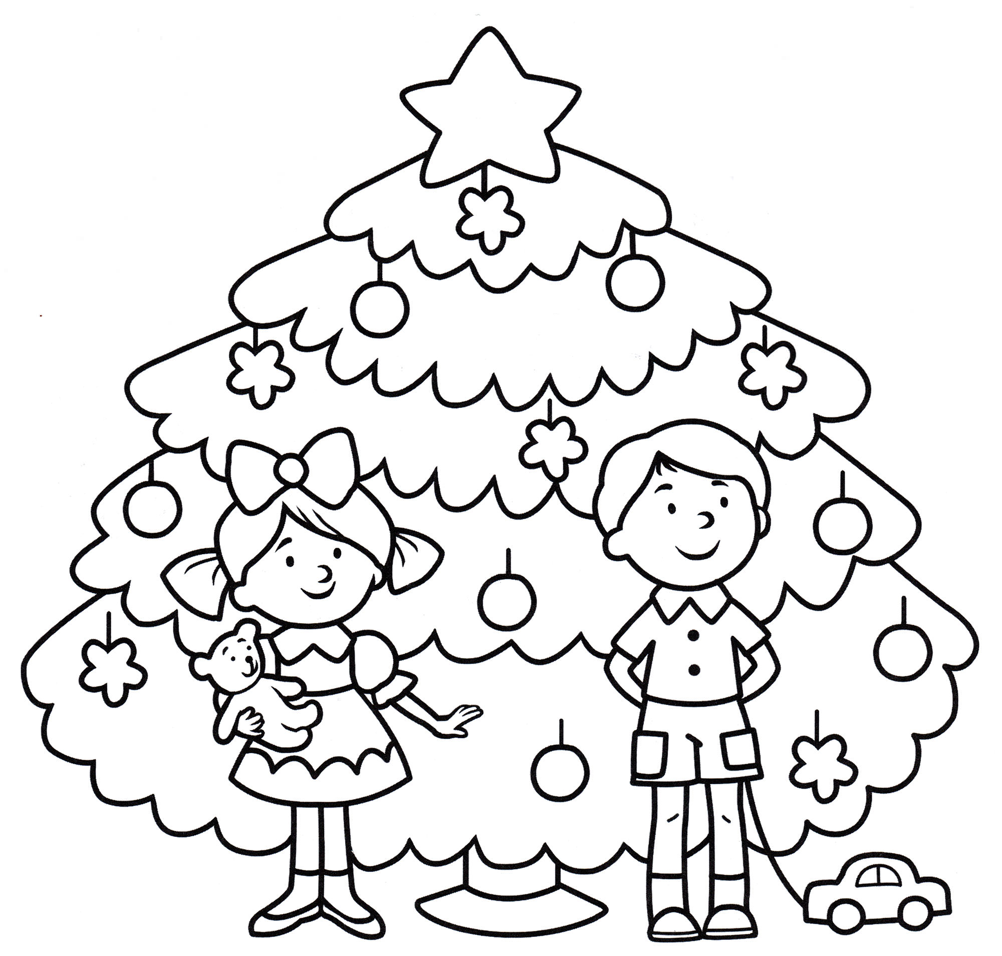 Розмальовка Діти біля новорічної ялинки