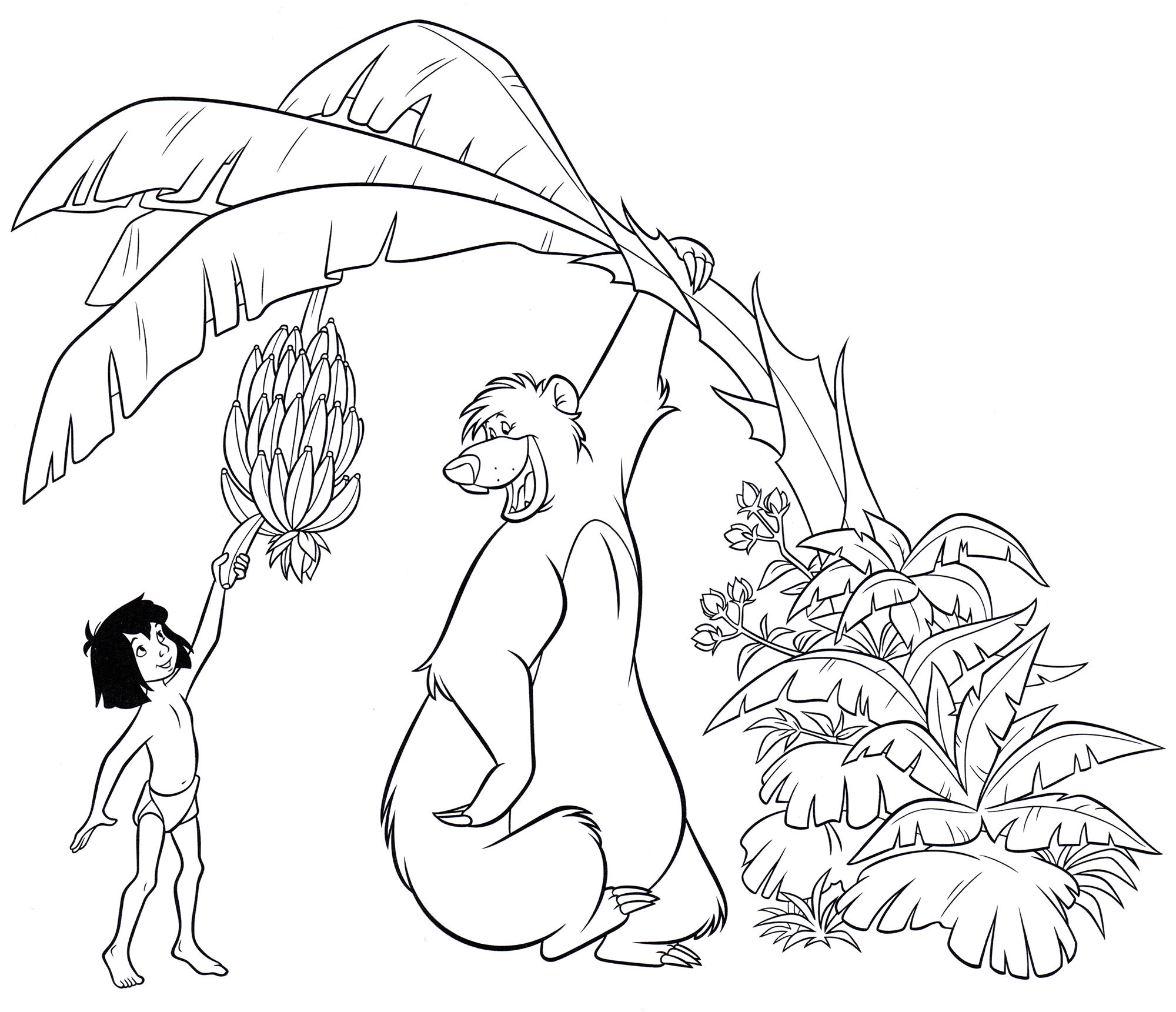 Розмальовка Мауглі та Балу збирають банани