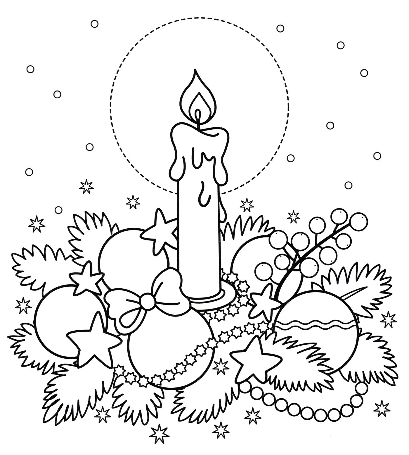 Розмальовка Свічка та новорічні іграшки