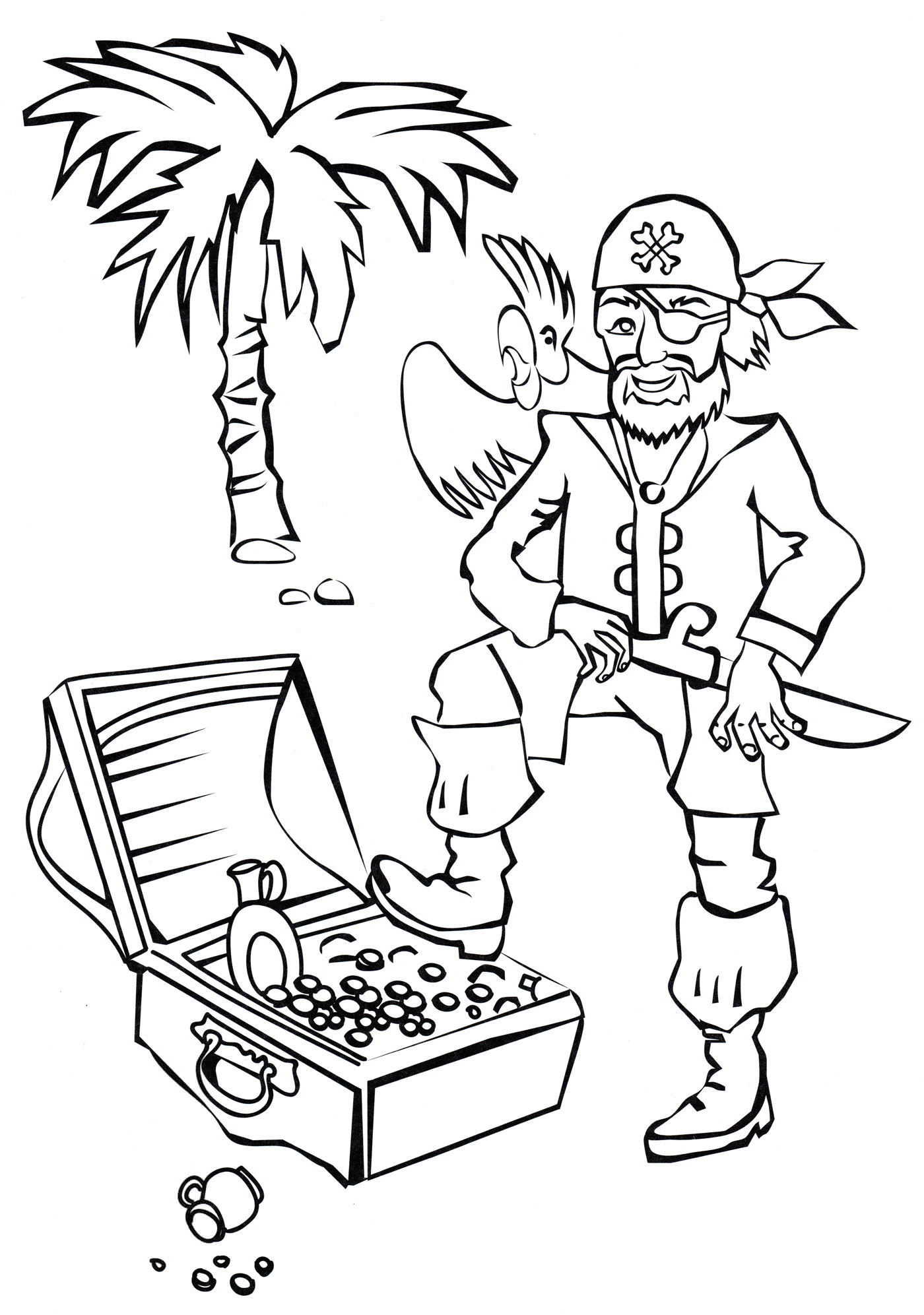 Розмальовка Пірат і скриня зі скарбами