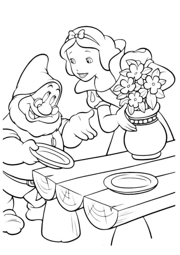 Розмальовка Білосніжка та гном накривають на стіл