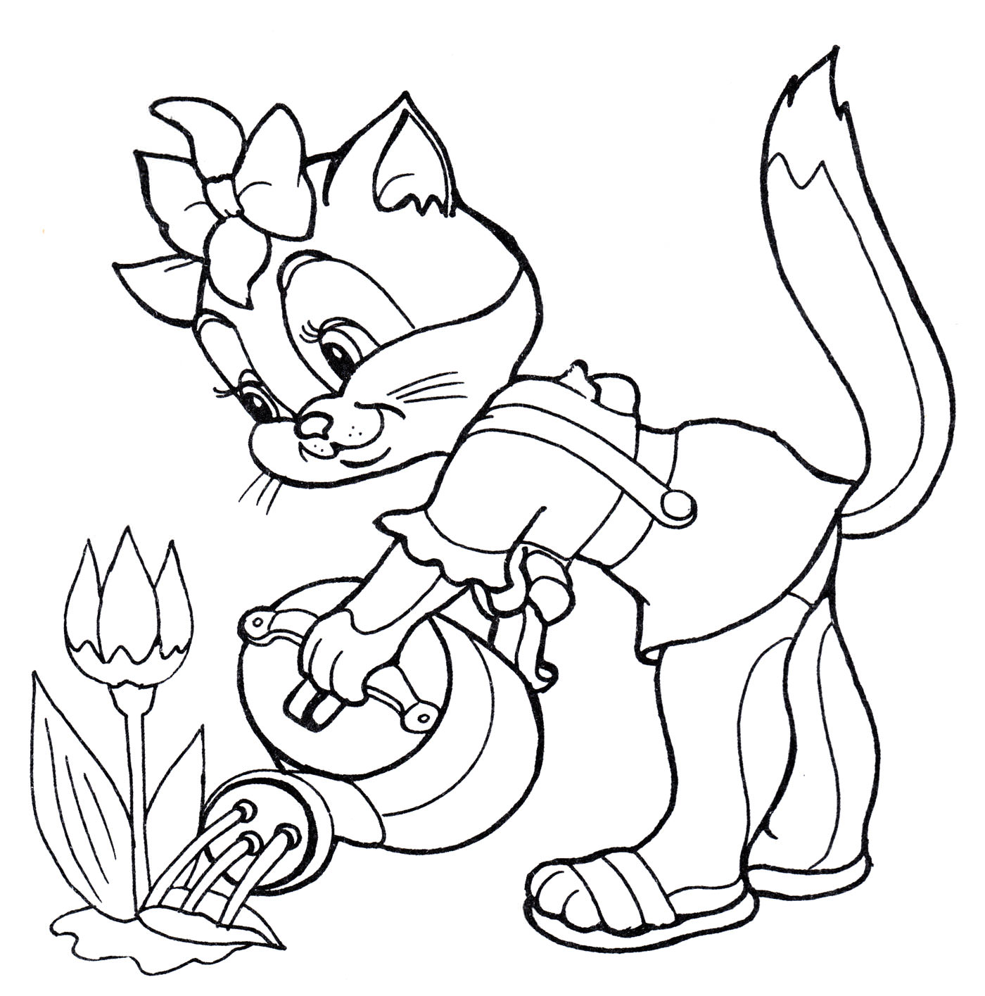Розмальовка Кішечка поливає квіти