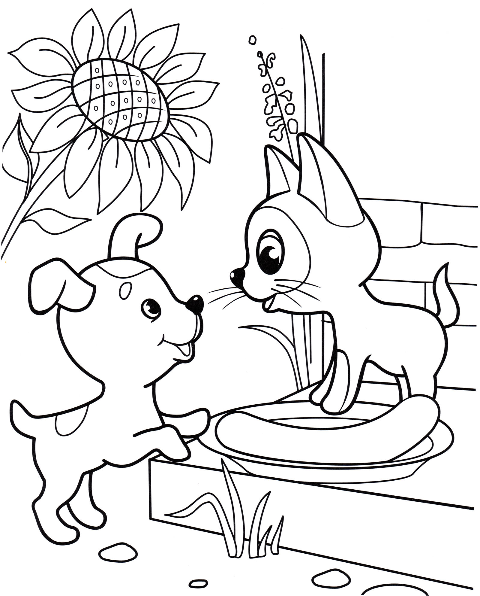 Розмальовка Кошеня Гав і щеня ділять сосиску